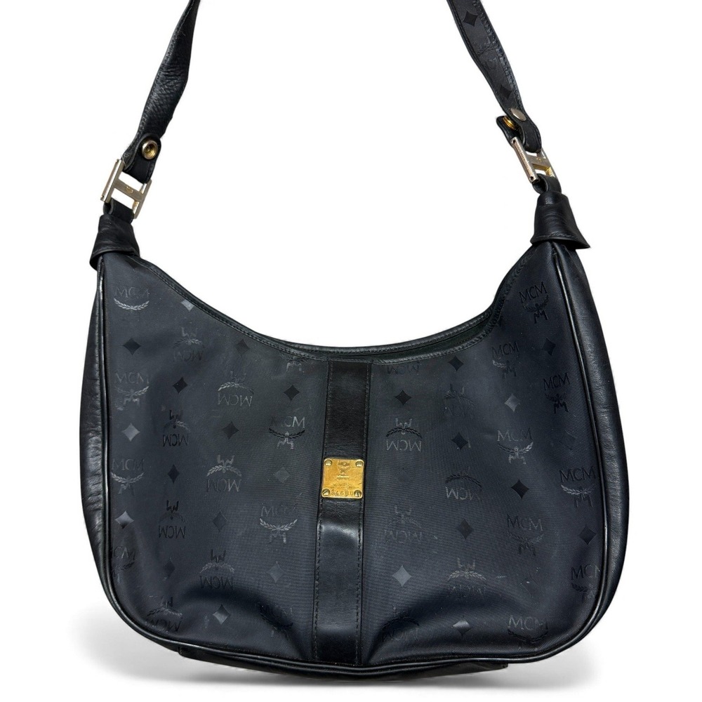 Vintage MCM Monogram Shoulder Bag Black Leather Hobo Style Logo - Picture 2 of 16